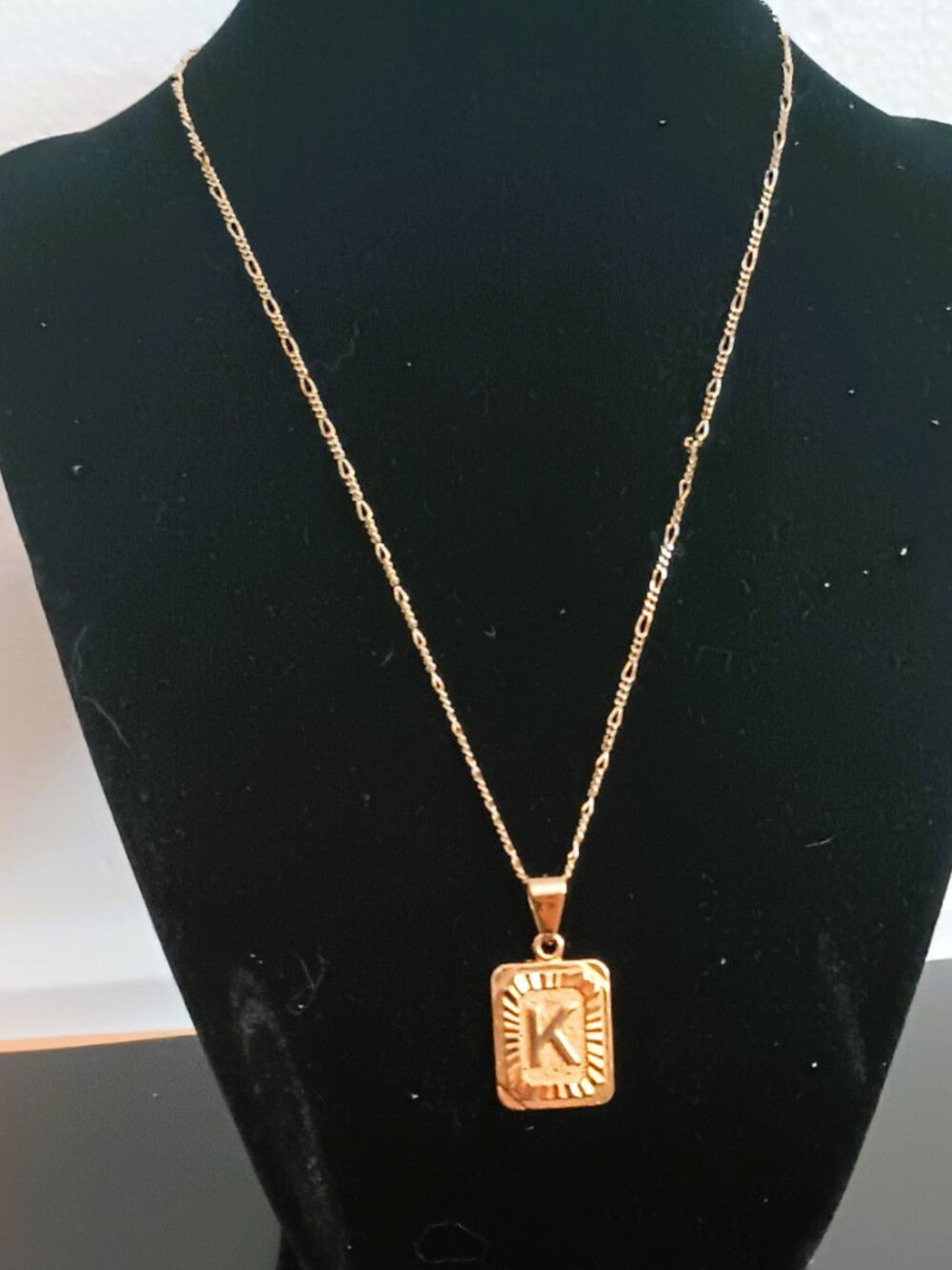 Bracha Initial K Card Necklace 17" Gold Tone Rectangle Diamond Cut Pendant